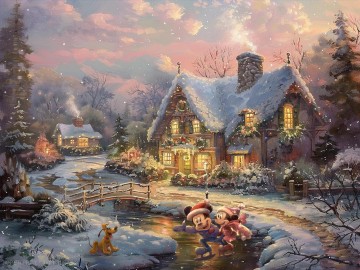 Landscapes Painting - Style of Thomas Kinkade Wall Canvas Snow Winter Mickey and Minnie Sweetheart Christmas Holiday